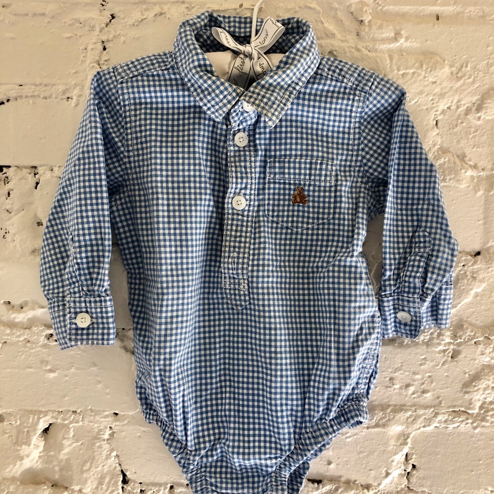 Gap Blue and White Gingham Onesie